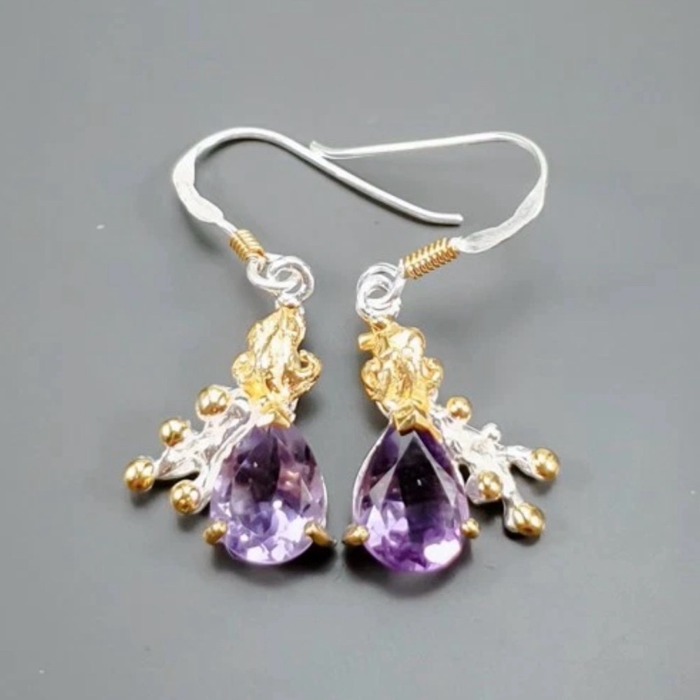 Elegant Artsy Natural amethyst in 14K Gold and 925 Sterling Silver Earrings